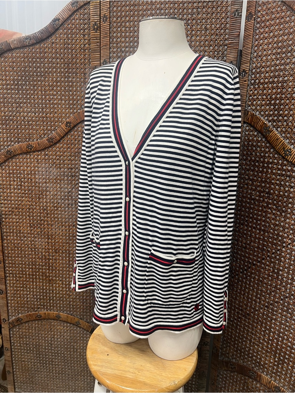 Talbots the Oprah collection cardigan blue red white medium